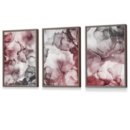 Rackhams Set of 3 Abstract Floral Fluid in Red and Grey Framed Wall Art - 42x59cm (A2) - Light Walnut