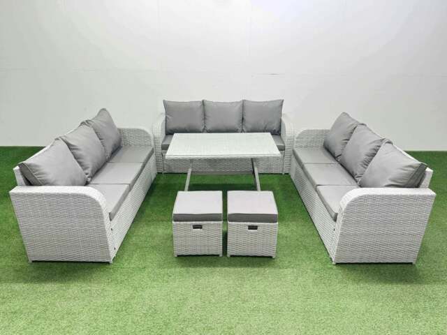 Rackhams 11 Seat Outdoor PE Rattan Garden Furniture with Cushions 3 Seater Sofa 2 Small Stools Light Grey - image 1