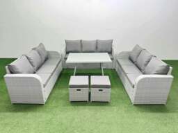Rackhams 11 Seat Outdoor PE Rattan Garden Furniture with Cushions 3 Seater Sofa 2 Small Stools Light Grey