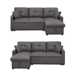 Rackhams Newport Leather 3 Seater Pullout Sofa Bed in Grey with Storage Compartment - thumbnail 1