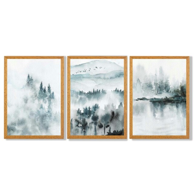 Rackhams Teal Blue Abstract Forest Lake Set of 3 Framed Wall Art - 59x84cm (A1) - Oak - image 1