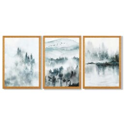 Rackhams Teal Blue Abstract Forest Lake Set of 3 Framed Wall Art - 59x84cm (A1) - Oak - thumbnail 1