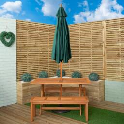 Rackhams Outdoor 4 Person Rectangular Wooden Garden Dining Table, 2 Benches with Green Parasol and Base Set - Outdoor Furniture Sets - thumbnail 2