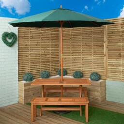 Rackhams Outdoor 4 Person Rectangular Wooden Garden Dining Table, 2 Benches with Green Parasol and Base Set - Outdoor Furniture Sets - thumbnail 1