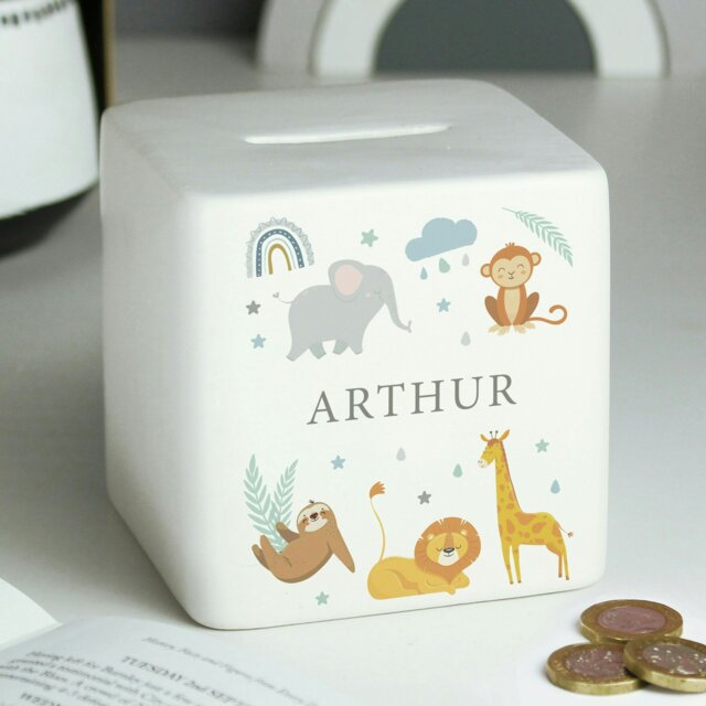 Rackhams Personalised Safari Animals Ceramic Square Money Box - image 1
