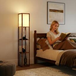 Rackhams Floor Lamp with 3-Tier Storage Shelf for Home Office - Rustic brown - Yes - MDF, Acrylic