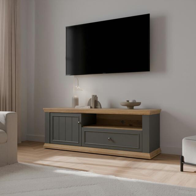 Rackhams Pontypool TV Unit with Drawer & Open Shelf in Grey and Mauvella Oak - W 149.5 X H 53.8 X D 43.5cm - 1 - Manufactured Wood - image 1