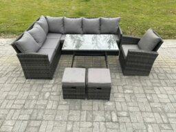 Rackhams Wicker Rattan Garden Furniture Corner Sofa Set with Oblong Dining Table 2 Small Footstools Chair 9 Seater Outdoor Rattan Set Dark Grey Mixed - thumbnail 2