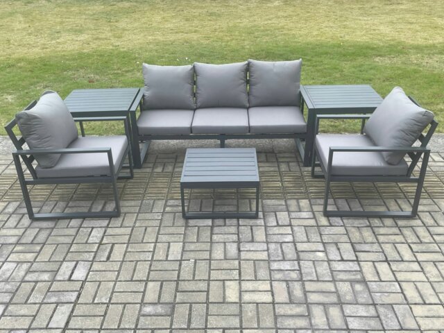 Rackhams Aluminium Outdoor Garden Furniture Set Lounge Sofa 2 PC Chairs Square Coffee Table Sets with 2 Side Tables Dark Grey - image 1