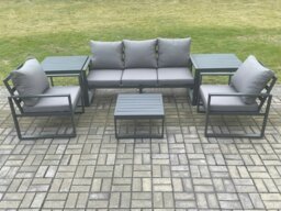 Rackhams Aluminium Outdoor Garden Furniture Set Lounge Sofa 2 PC Chairs Square Coffee Table Sets with 2 Side Tables Dark Grey - thumbnail 1