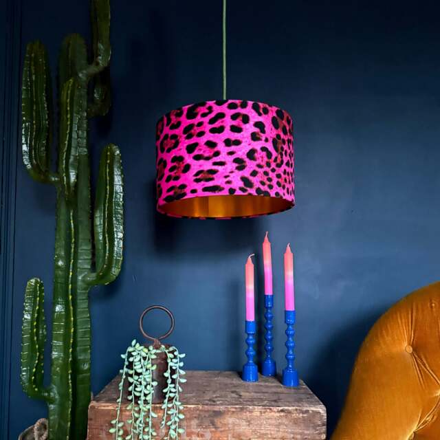 "Rackhams Pink Neon Leopard Print Velvet Lampshade with Gold Lining - Ceiling Pendant / Arc Lamp - 25cm diameter x 25cm height (10"" x 10"")" - image 1