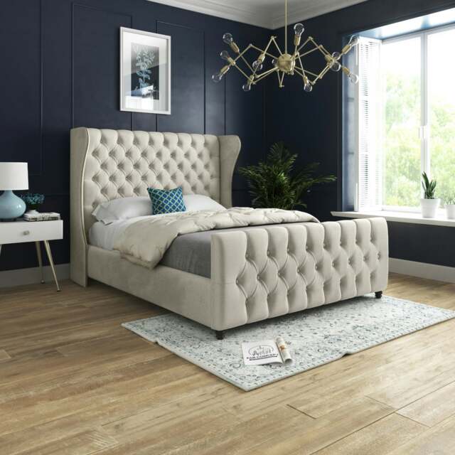 Rackhams Donati Straight Curved Top Upholstered Soft Velvet Bed Frame - Cream - Silver - Super king - image 1