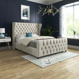 Rackhams Donati Straight Curved Top Upholstered Soft Velvet Bed Frame - Cream - Silver - Super king - thumbnail 1