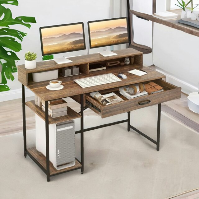 Rackhams Computer Desk With Monitor Stand, Shelves And Drawer Rustic Brown - image 1