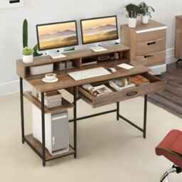 Rackhams Computer Desk With Monitor Stand, Shelves And Drawer Rustic Brown - thumbnail 4
