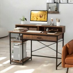 Rackhams Computer Desk With Monitor Stand, Shelves And Drawer Rustic Brown - thumbnail 3