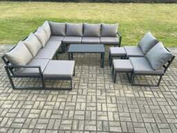 Rackhams Aluminium 12 Seater Patio Outdoor Garden Furniture Lounge Corner Sofa Set with Oblong Coffee Table with 3 Footstools Dark Grey - thumbnail 2