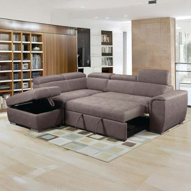Rackhams Nevada Mushroom Suede Corner Sofa Bed Tilting Headrest + Storage Ottoman - Left Hand Facing + Footstool - image 1