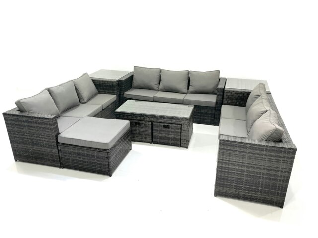 Rackhams Outdoor Garden Furniture Set 9 Pieces Rattan Sofa Set with Coffee Table 3 Footstools Side Table Dark Grey Mixed - image 1
