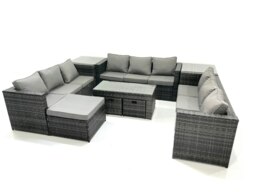 Rackhams Outdoor Garden Furniture Set 9 Pieces Rattan Sofa Set with Coffee Table 3 Footstools Side Table Dark Grey Mixed - thumbnail 1