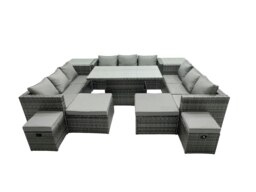 Rackhams Rattan Dining Table Sofa Set with 2 Side Tables 4 Stools Outdoor 13 Seat Garden Furniture Set Dark Grey Mixed - thumbnail 2