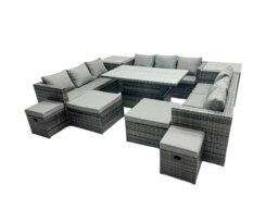 Rackhams Rattan Dining Table Sofa Set with 2 Side Tables 4 Stools Outdoor 13 Seat Garden Furniture Set Dark Grey Mixed - thumbnail 1