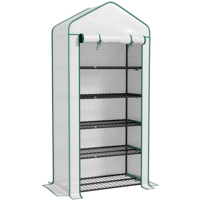 Rackhams 5 Tier Widened Mini Greenhouse with Reinforced PE Cover, Portable Indoor Outdoor Green House with Roll-up Door and Wire Shelves, White - image 1