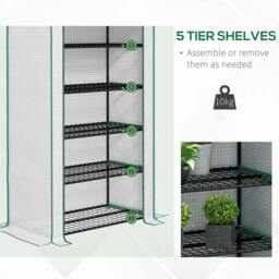 Rackhams 5 Tier Widened Mini Greenhouse with Reinforced PE Cover, Portable Indoor Outdoor Green House with Roll-up Door and Wire Shelves, White - thumbnail 4