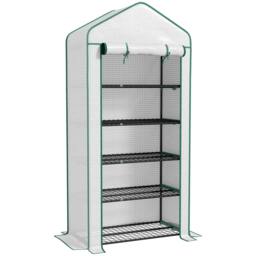 Rackhams 5 Tier Widened Mini Greenhouse with Reinforced PE Cover, Portable Indoor Outdoor Green House with Roll-up Door and Wire Shelves, White - thumbnail 1