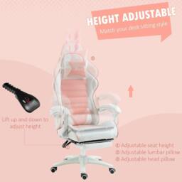 Rackhams Racing Gaming Chair, Reclining PU Leather Computer Chair with Removable Rabbit Ears, Footrest, Headrest and Lumber Support, Pink - thumbnail 6