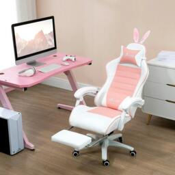 Rackhams Racing Gaming Chair, Reclining PU Leather Computer Chair with Removable Rabbit Ears, Footrest, Headrest and Lumber Support, Pink - thumbnail 2