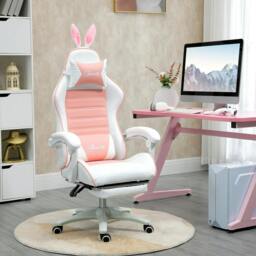 Rackhams Racing Gaming Chair, Reclining PU Leather Computer Chair with Removable Rabbit Ears, Footrest, Headrest and Lumber Support, Pink - thumbnail 3