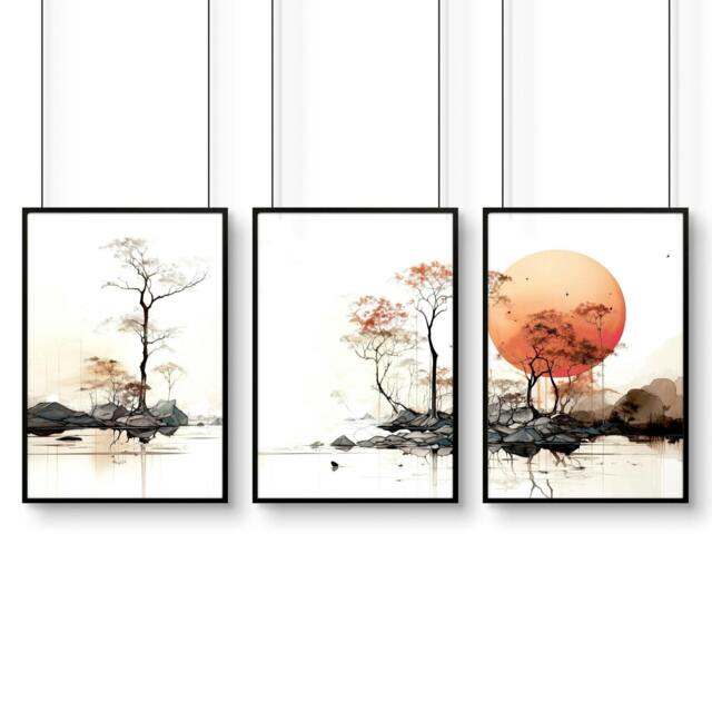 Rackhams Living Room Wall Decor - Set of 3 Asian Inspired Wall art Prints - 20 x 30 in / 50 x 76 cm - Matte Museum Quality Art Paper 290 gsm - Black Frame - image 1