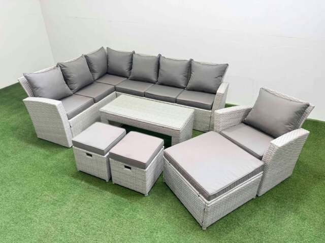 Rackhams Rattan Garden Furniture Set Outdoor 10 Seater Corner Sofa Sets with Oblong Coffee Table Chair 3 Footstools Light Grey Mixed - image 1