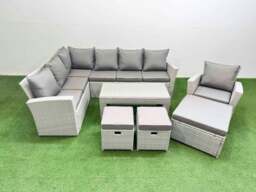 Rackhams Rattan Garden Furniture Set Outdoor 10 Seater Corner Sofa Sets with Oblong Coffee Table Chair 3 Footstools Light Grey Mixed - thumbnail 2