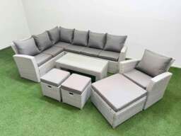 Rackhams Rattan Garden Furniture Set Outdoor 10 Seater Corner Sofa Sets with Oblong Coffee Table Chair 3 Footstools Light Grey Mixed - thumbnail 1