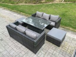 Rackhams 8 Seater Wicker PE Rattan Sofa Garden Furniture Set Outdoor Adjustable Rising Lifting Dining Table Set with 2 Big Footstools Dark Grey Mixed - thumbnail 1