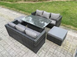 Rackhams 8 Seater Wicker PE Rattan Sofa Garden Furniture Set Outdoor Adjustable Rising Lifting Dining Table Set with 2 Big Footstools Dark Grey Mixed - thumbnail 2