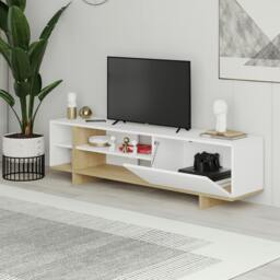 Rackhams Modern Stockton TV Unit up to 65 Inch TVs 4-open Shelf Flip-Door Storage TV Cabinet 35.6x160cm Living Room - White - thumbnail 1