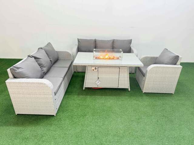 Rackhams 7 Seater Poly Rattan Outdoor Garden Furniture Fire Pit Dining Table Sofa Set Patio 3 Seater Sofa Reclining Chair 3 Seater Sofa Light Grey - image 1