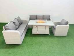 Rackhams 7 Seater Poly Rattan Outdoor Garden Furniture Fire Pit Dining Table Sofa Set Patio 3 Seater Sofa Reclining Chair 3 Seater Sofa Light Grey - thumbnail 1