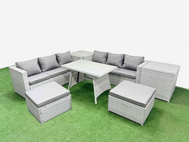 Rackhams Rattan Garden Furniture Dining Set 8 seater Patio Rectangular Table 3 Seater Sofa Set with 2 Side Tables 2 Big Stools Light Grey - image 1