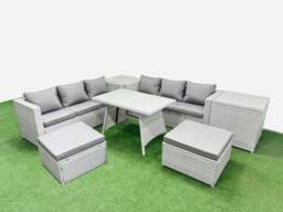Rackhams Rattan Garden Furniture Dining Set 8 seater Patio Rectangular Table 3 Seater Sofa Set with 2 Side Tables 2 Big Stools Light Grey - thumbnail 1