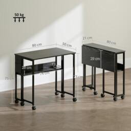 Rackhams 80 cm Foldable Computer Desk on Wheels for Small Spaces, Black - 50 - MDF, Steel - 80 - thumbnail 4
