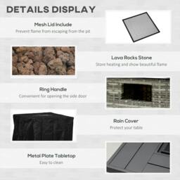 Rackhams Outdoor PE Rattan Gas Fire Pit Table, Patio Square Propane Heater with Rain Cover, Mesh Lid and Lava Stone, 40,000 BTU, Mixed Grey - thumbnail 6