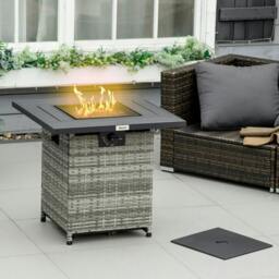 Rackhams Outdoor PE Rattan Gas Fire Pit Table, Patio Square Propane Heater with Rain Cover, Mesh Lid and Lava Stone, 40,000 BTU, Mixed Grey - thumbnail 2