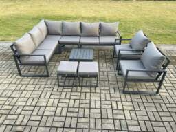 Rackhams 10 Seater Aluminium Garden Furniture Set Outdoor Lounge Corner Sofa 2 Pcs Chair Square Coffee Table Sets with 2 Small Footstools Dark Grey - thumbnail 1