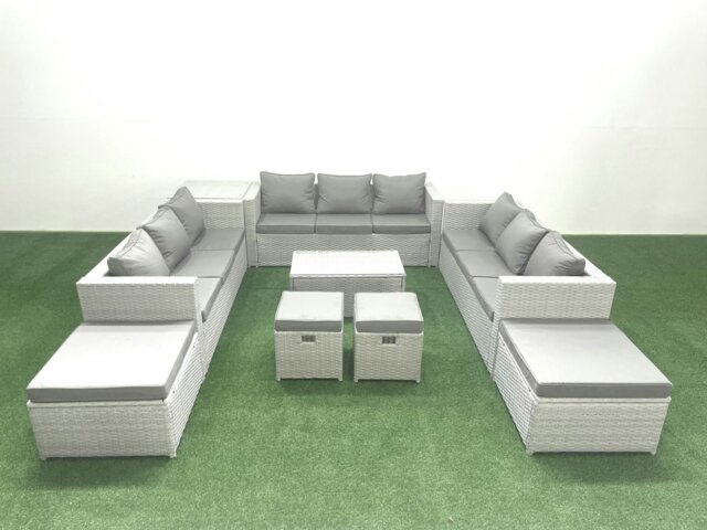 Rackhams 9 Pieces Rattan Garden Furniture Set Outdoor Garden Sofa Coffee Table Set with Side Table 4 Footstools Light Grey Mixed - image 1