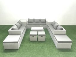 Rackhams 9 Pieces Rattan Garden Furniture Set Outdoor Garden Sofa Coffee Table Set with Side Table 4 Footstools Light Grey Mixed - thumbnail 1