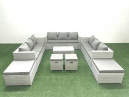 Rackhams 9 Pieces Rattan Garden Furniture Set Outdoor Garden Sofa Coffee Table Set with Side Table 4 Footstools Light Grey Mixed - thumbnail 2